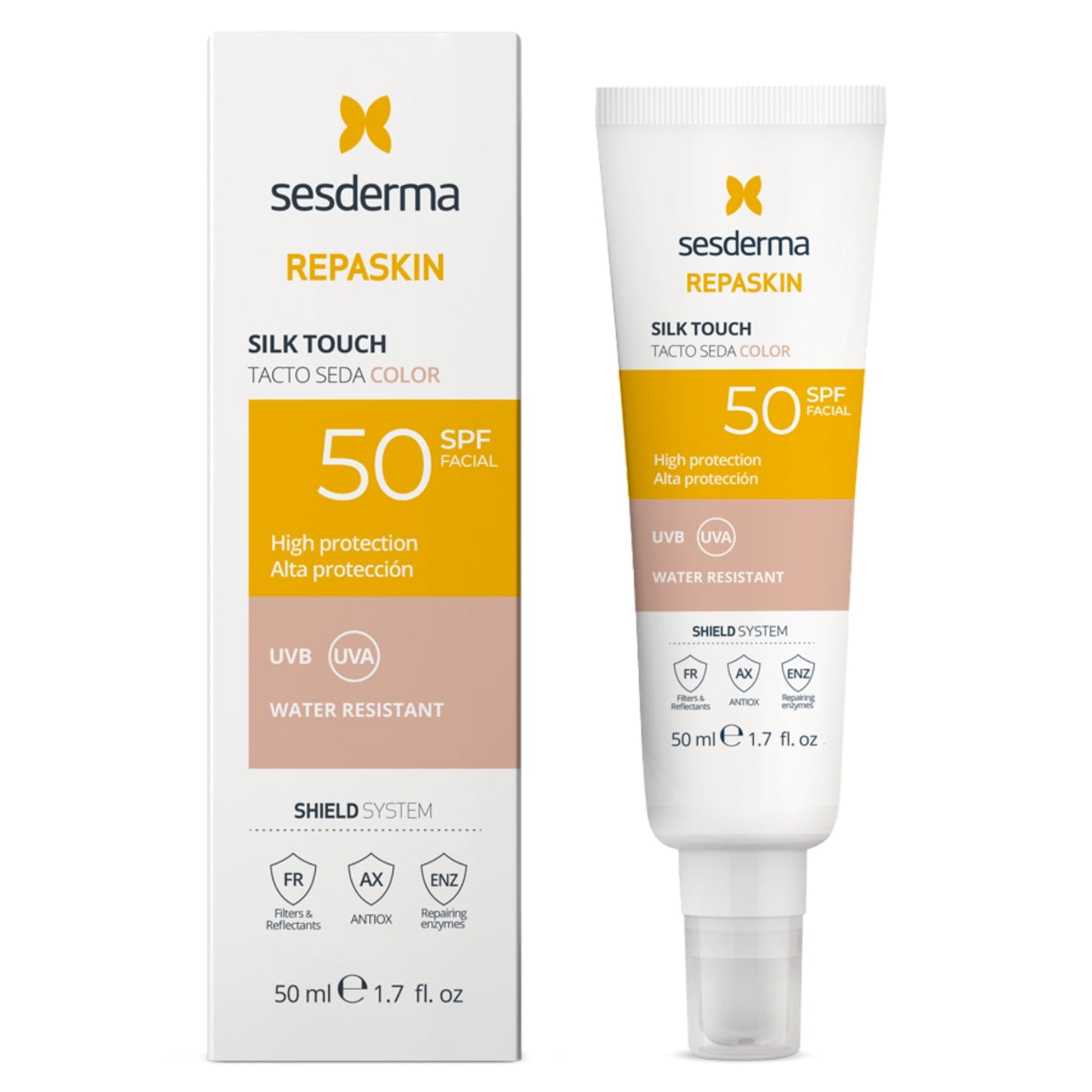 SESDERMA REPASKIN SILK TOUCH APSAUGINĖ PRIEMONĖ VEIDUI SU SPALVA SPF 50, 50 ML