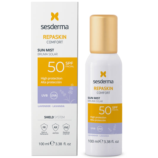 SESDERMA REPASKIN COMFORT APSAUGINĖ VEIDO DULKSNA NUO SAULĖS SU LEVANDŲ AROMATU SPF50, 100 ML